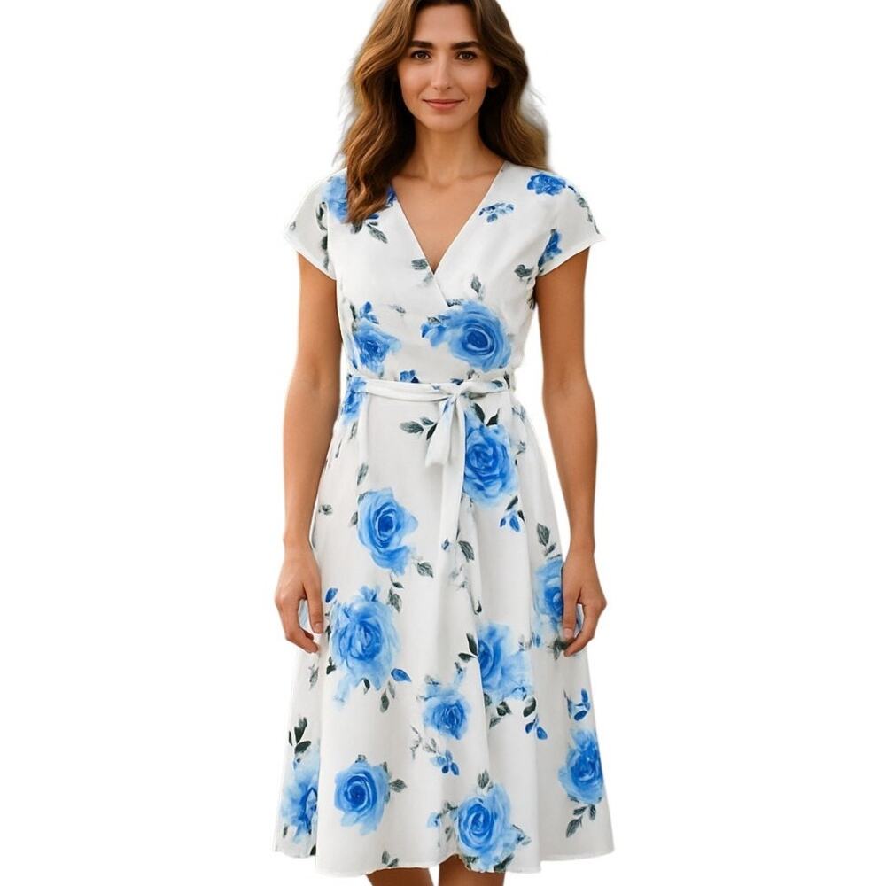 Jasambac Large Cream Floral Women's Short Sleeve Sun Dress Miss Size 12 14 L